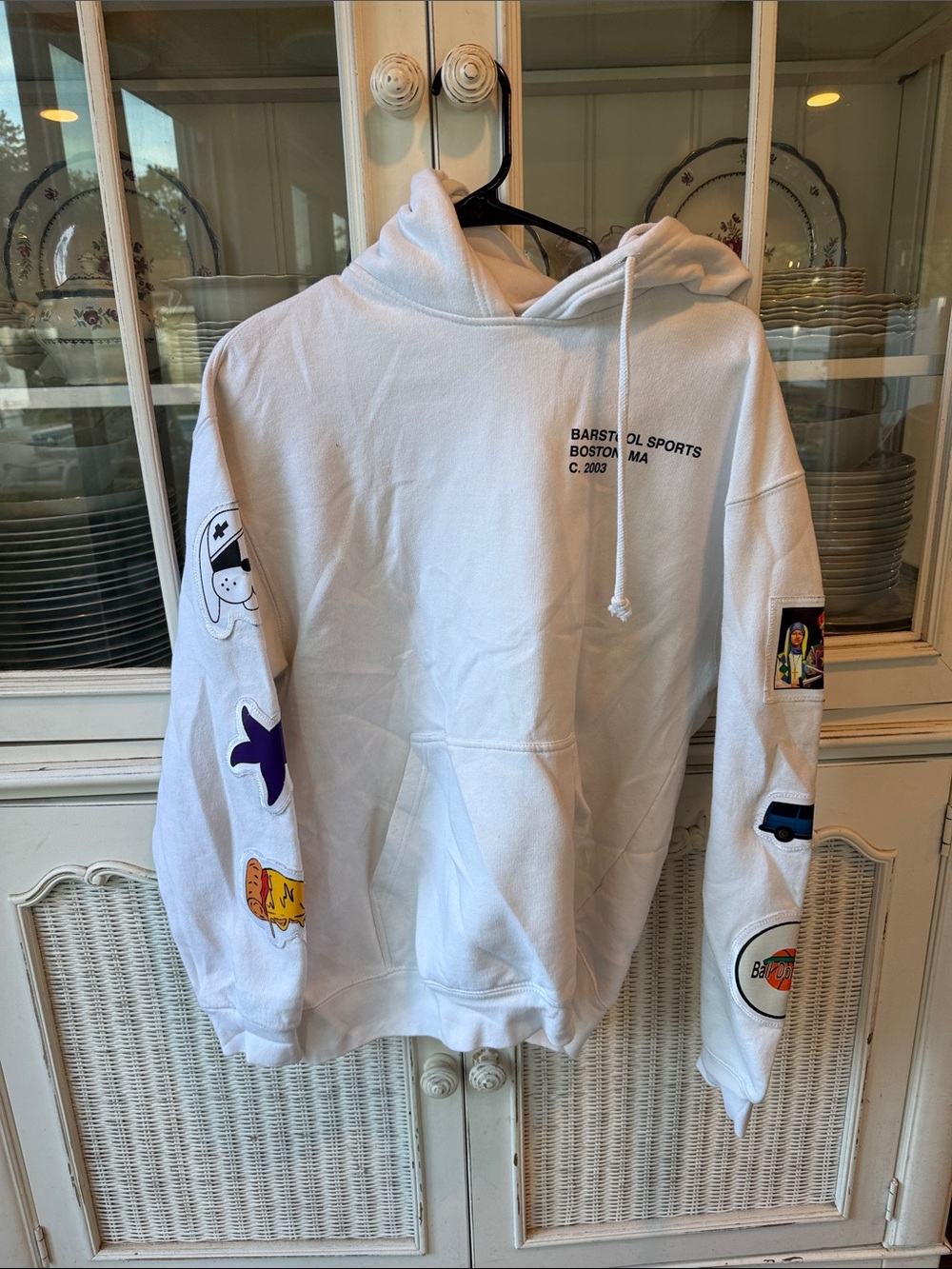 White Graphic Pullover Hoodie with Sleeve Patches barstool sports L pizza